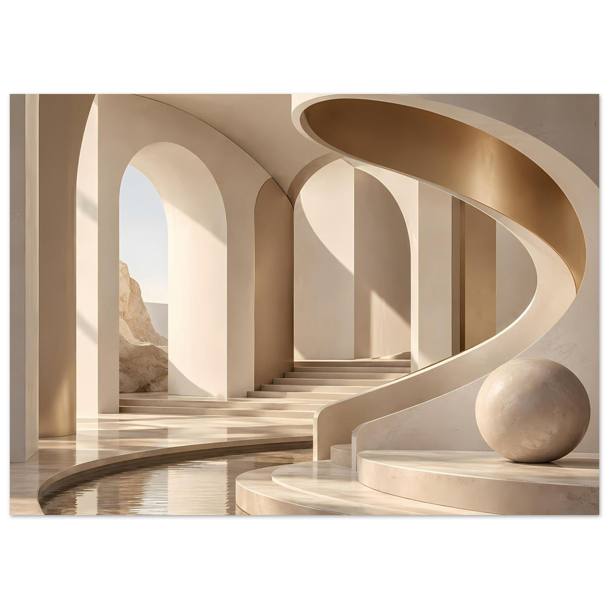 Poster mit Marmorarchitektur-Motiv: Rundbögen, Poolrand und Steinfigur (Querformat)