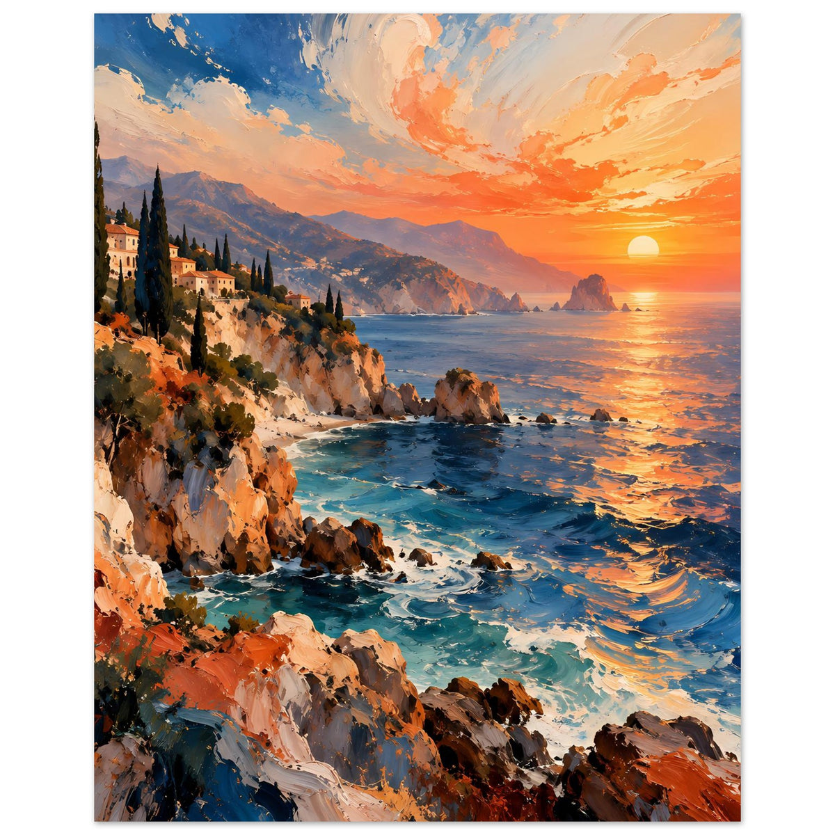 Küstenlandschafts-Poster: Sonnenuntergang über Meer, Klippen und wehende Wellen