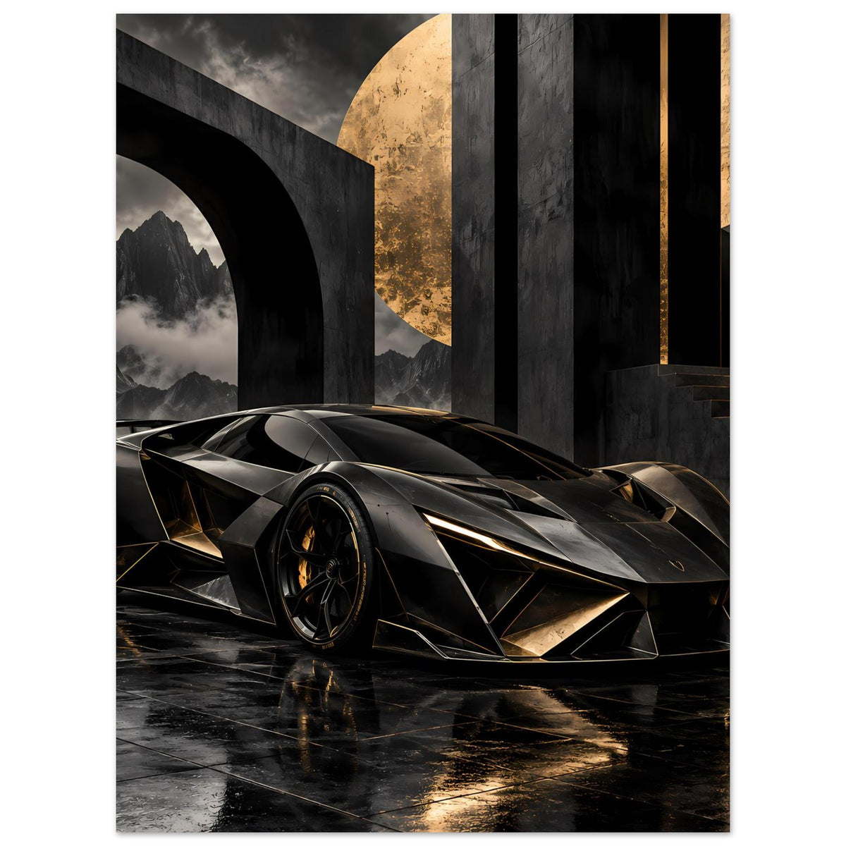 Poster mit futuristischem Supersportwagen in Schwarz und Gold, Frontansicht, goldene Highlights am Design