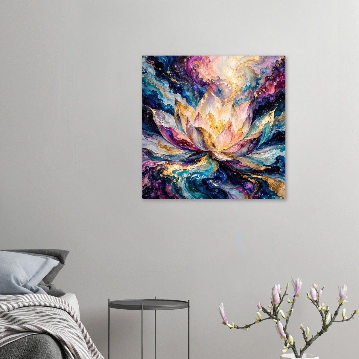 Kleines Blumenposter mit Lotusblüte, goldenen Highlights und bunten abstrakten Farbflächen