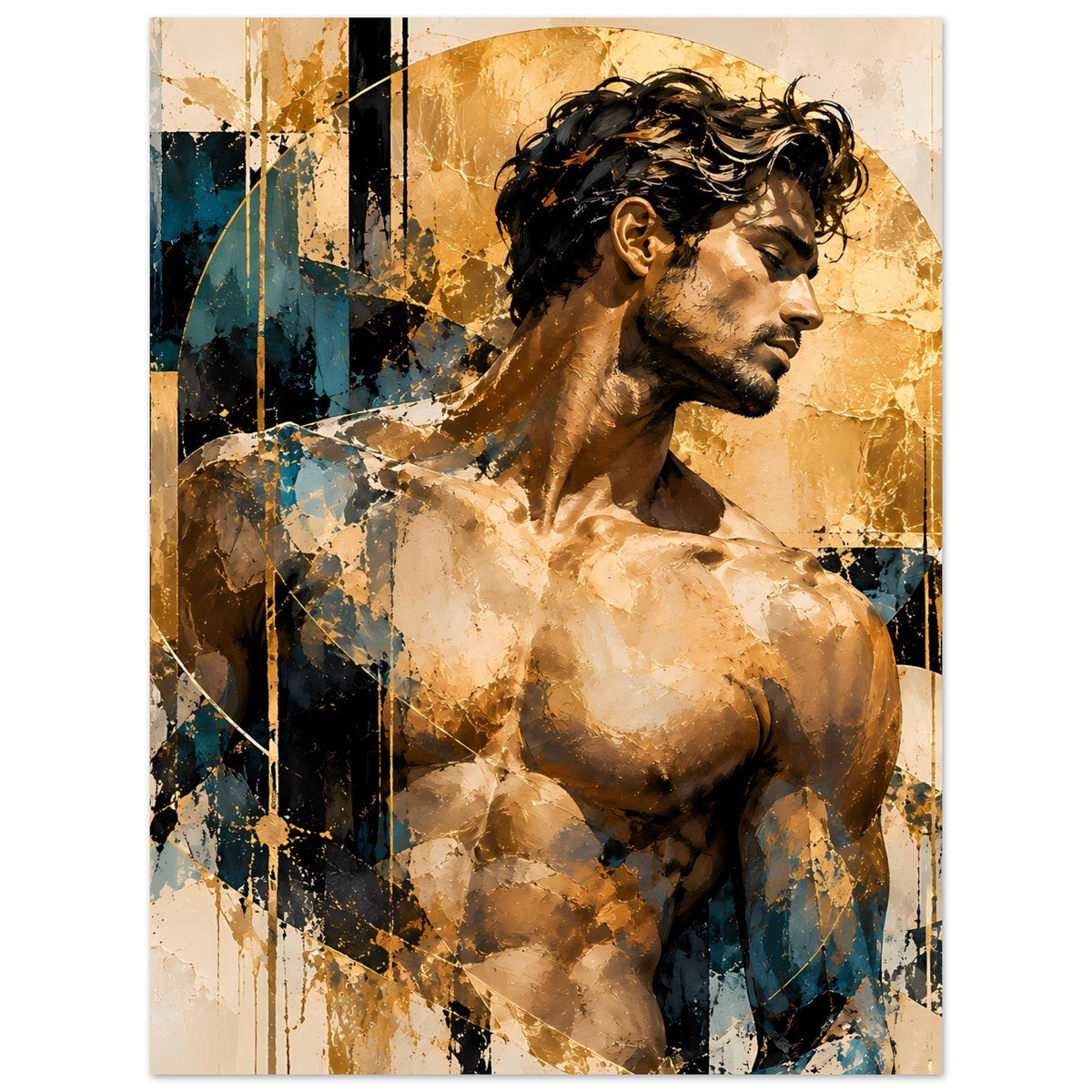 Kunstposter mit Aktmotiv eines Mannes im Profil, goldene und blaue Farbflecken, hochkant