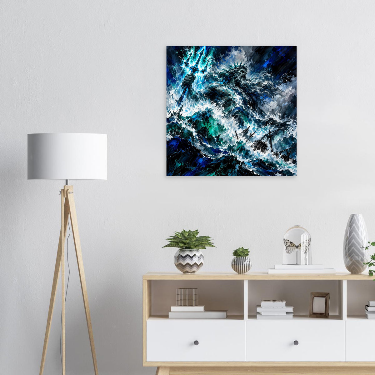 Quadratisches Poster mit stürmischer Meereswelle in Blau und Türkis