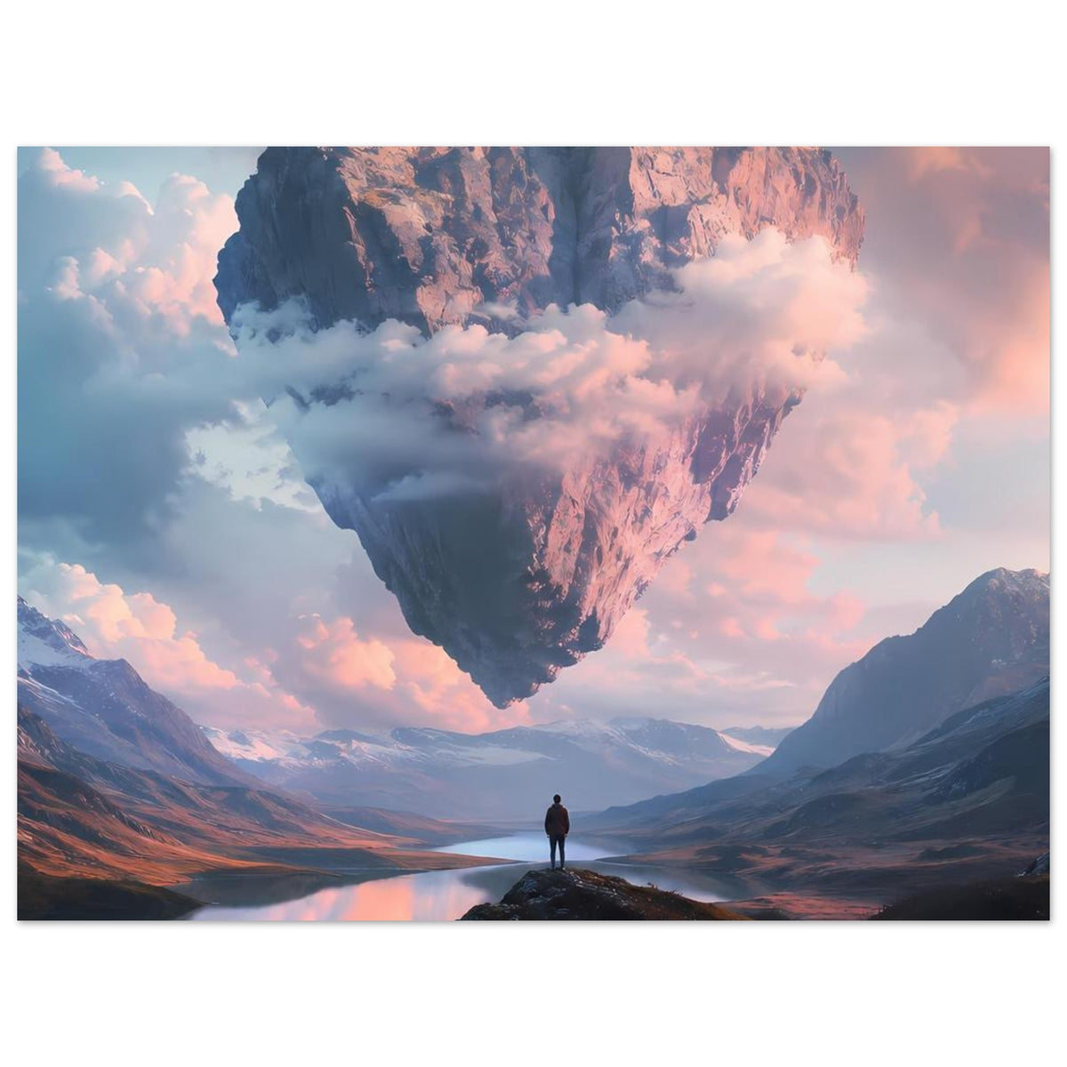 Poster: schwebendes Felsherz über Bergsee, Person blickt in die Landschaft