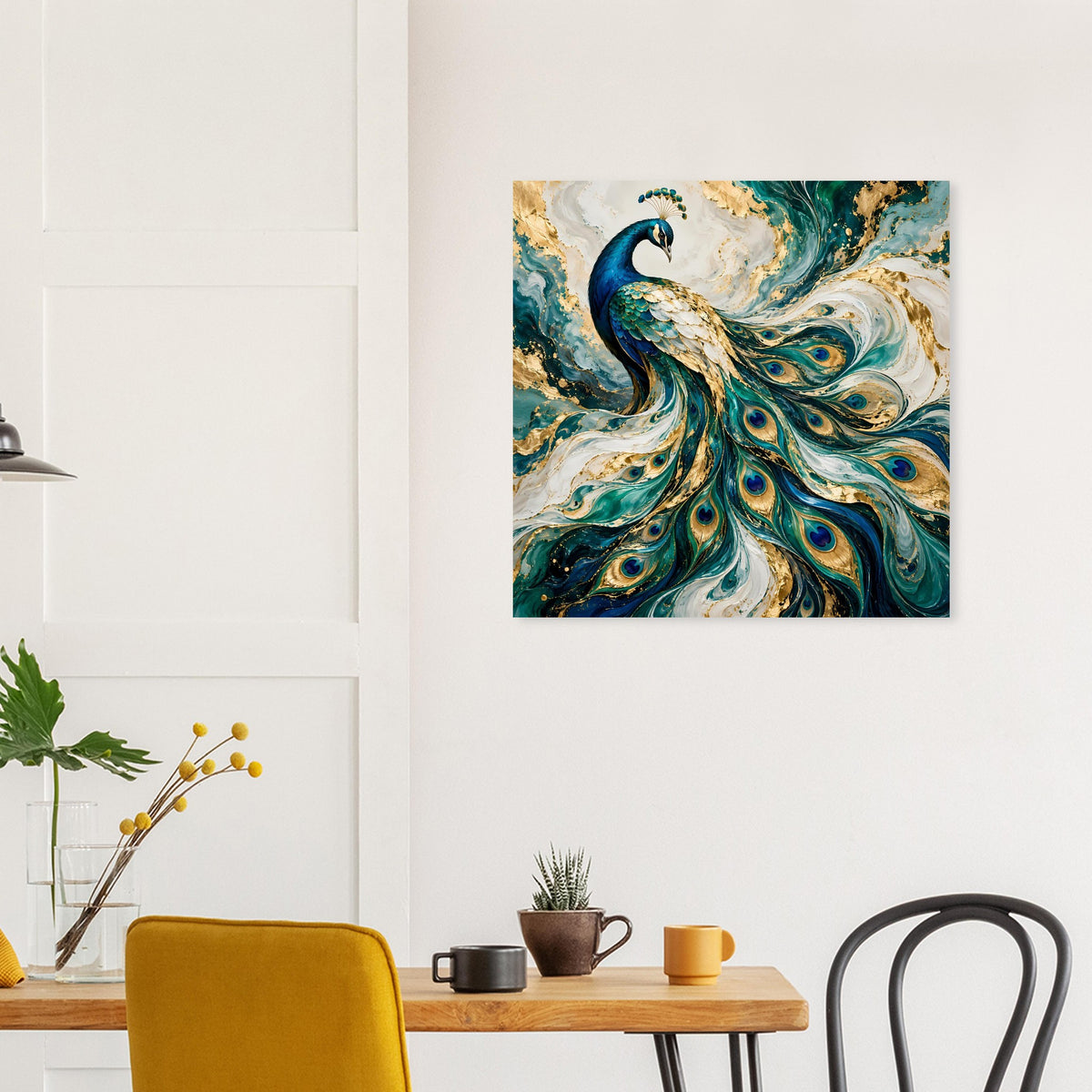 Pfau-Kunstposter mit blaugrünen Federn und goldenen Akzenten