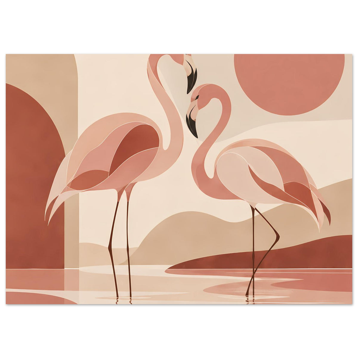 Naturposter mit zwei Flamingos, abstrakte Farbflächen und Spiegelbilder im Wasser