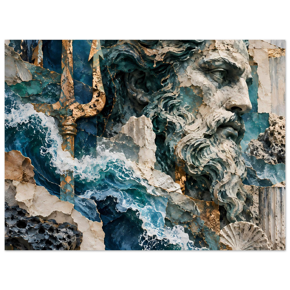 Neptun-Poster: Nahansicht der Skulptur und Wellen, Dreizack links, Muschel rechts