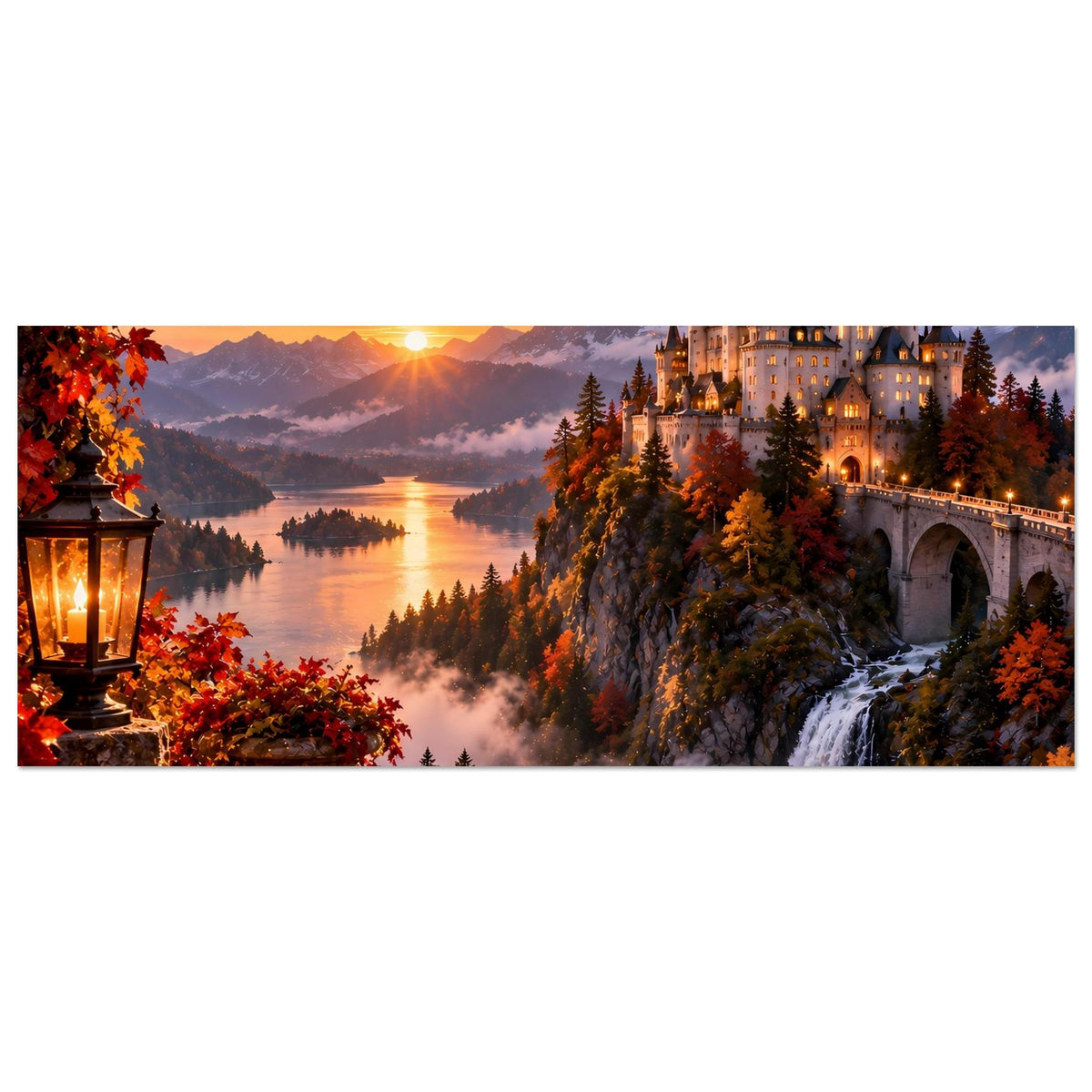Herbst-Poster im Querformat mit Schlossfront, See bei goldenem Licht und rotem Laub.