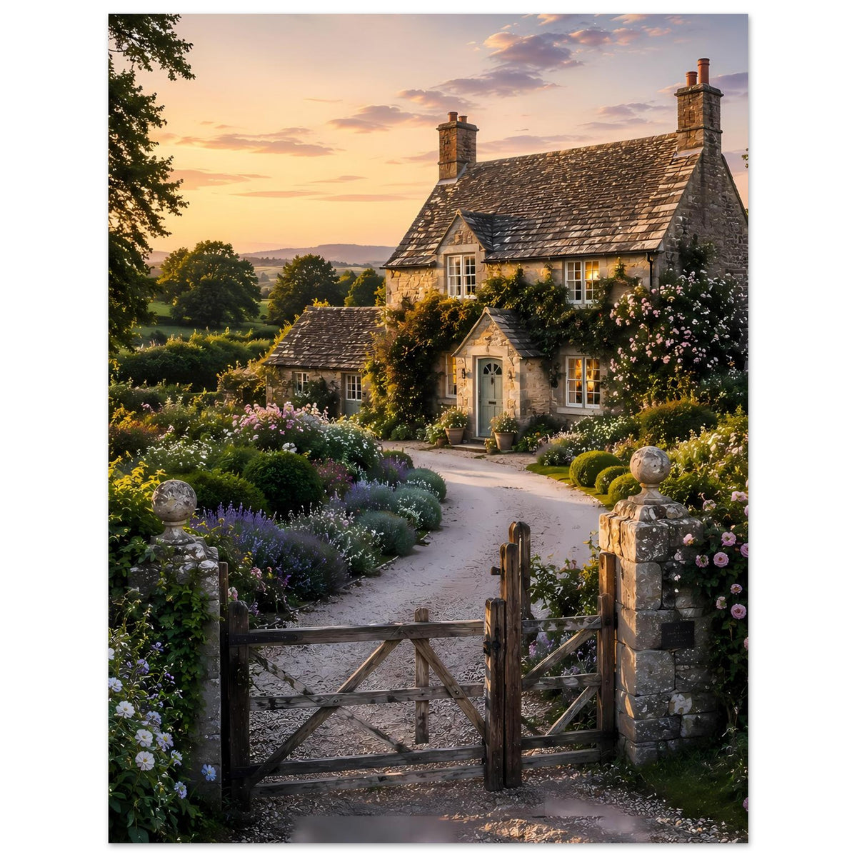 Premium-Poster im Hochformat: Cottage mit Veranda, Tor und duftenden Blumenrabatten