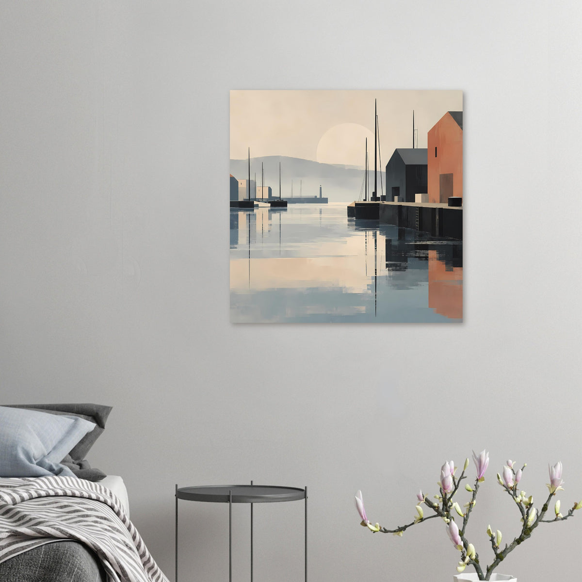 Kleines Hafen-Sonnenuntergangs-Poster: abstrakter Hafen mit orangefarbenem Gebäude, Rand
