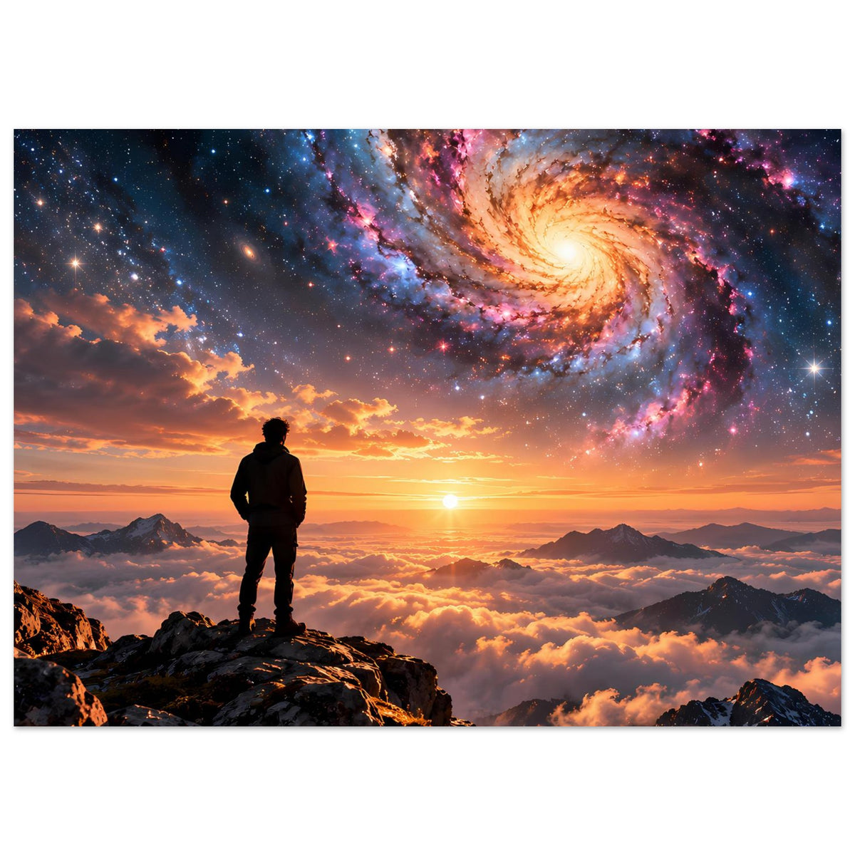 Landschaftsposter mit Silhouette auf Felsen, Spiralgalaxie, Sternenhimmel und tiefer Sonnenuntergang