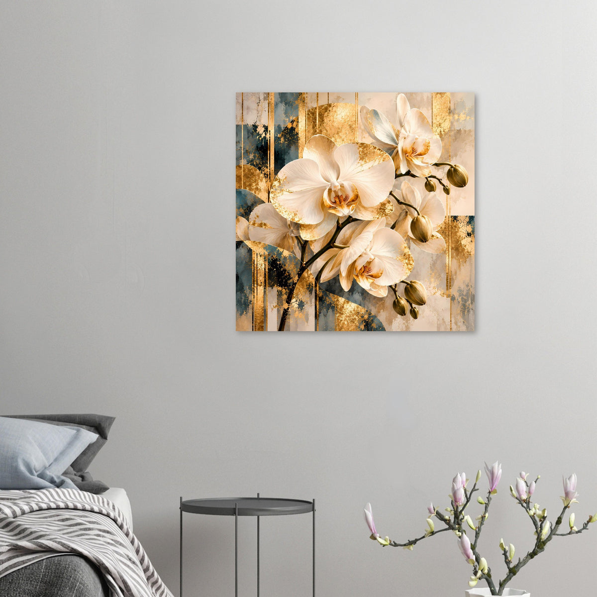 Kleines Wandposter mit weißen Orchideenblüten und goldenen Sprenkeln
