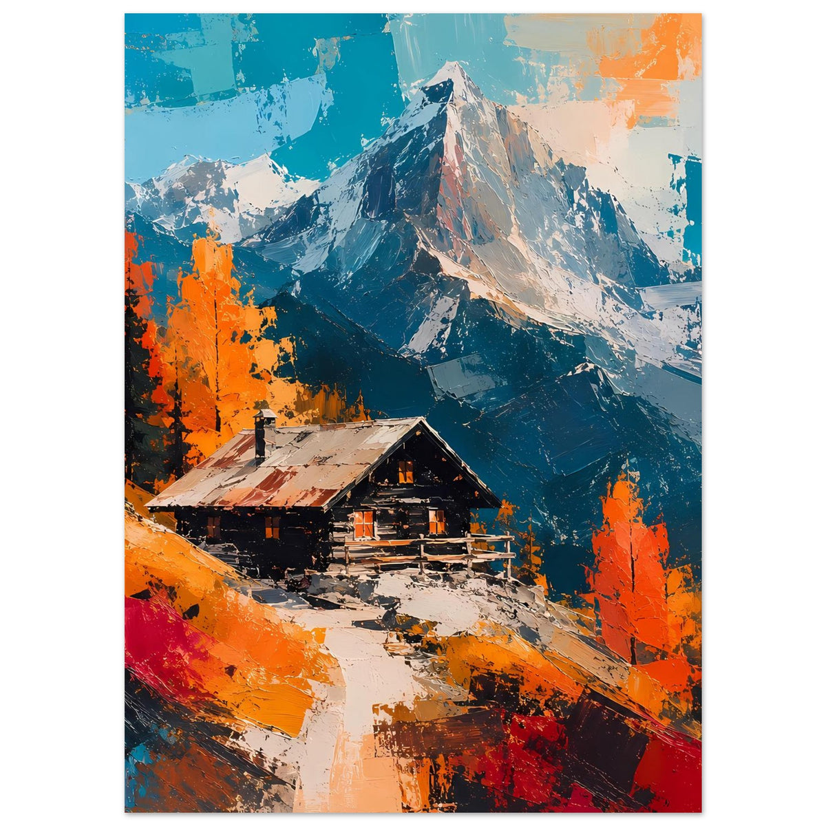 Herbstliches Bergposter mit Blockhütte, farbintensiven Bergen und orangefarbenem Baumkranz