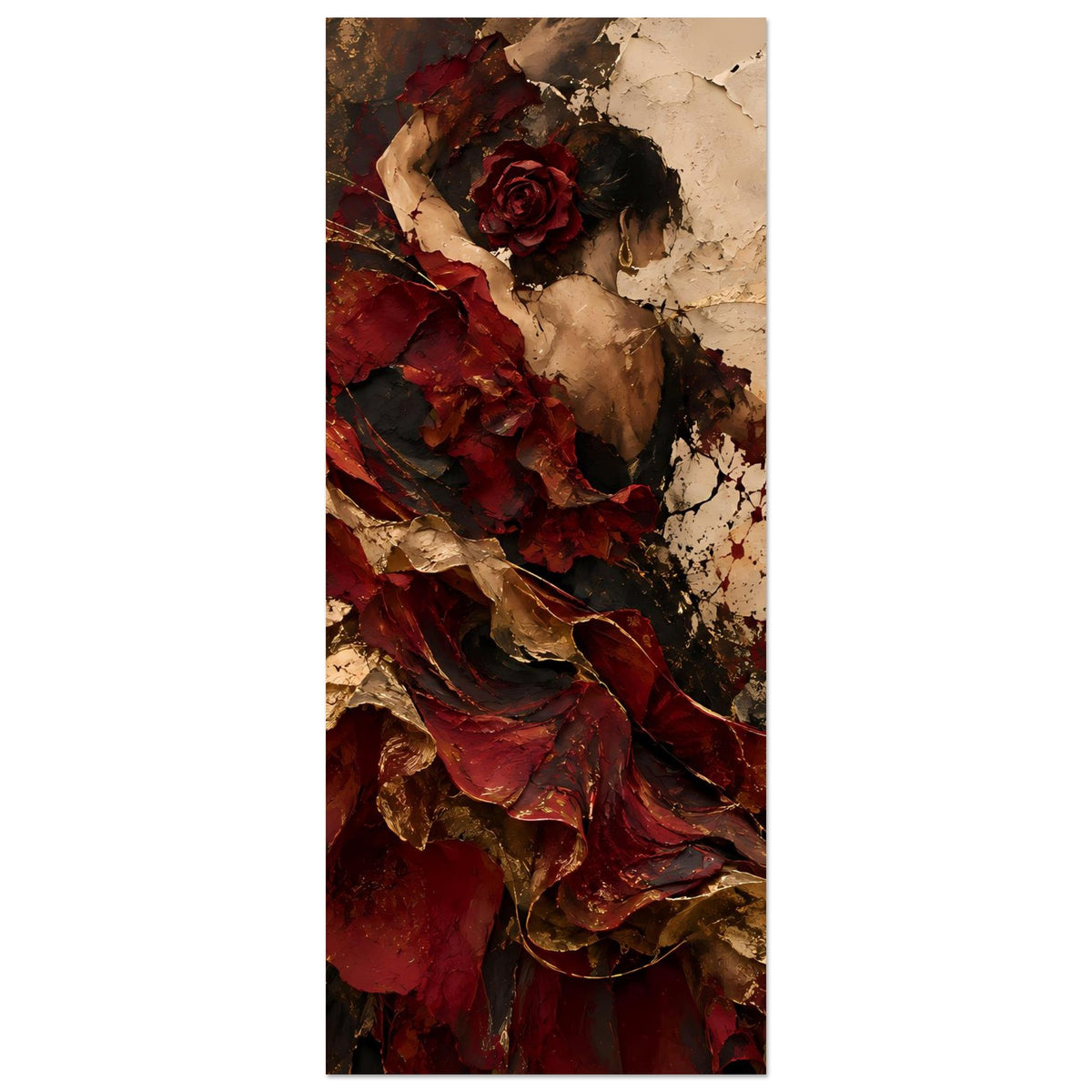 Wandkunst-Poster mit abstrakter Flamenco-Tänzerin, roter Blumenrosette und gemustertem Kleid