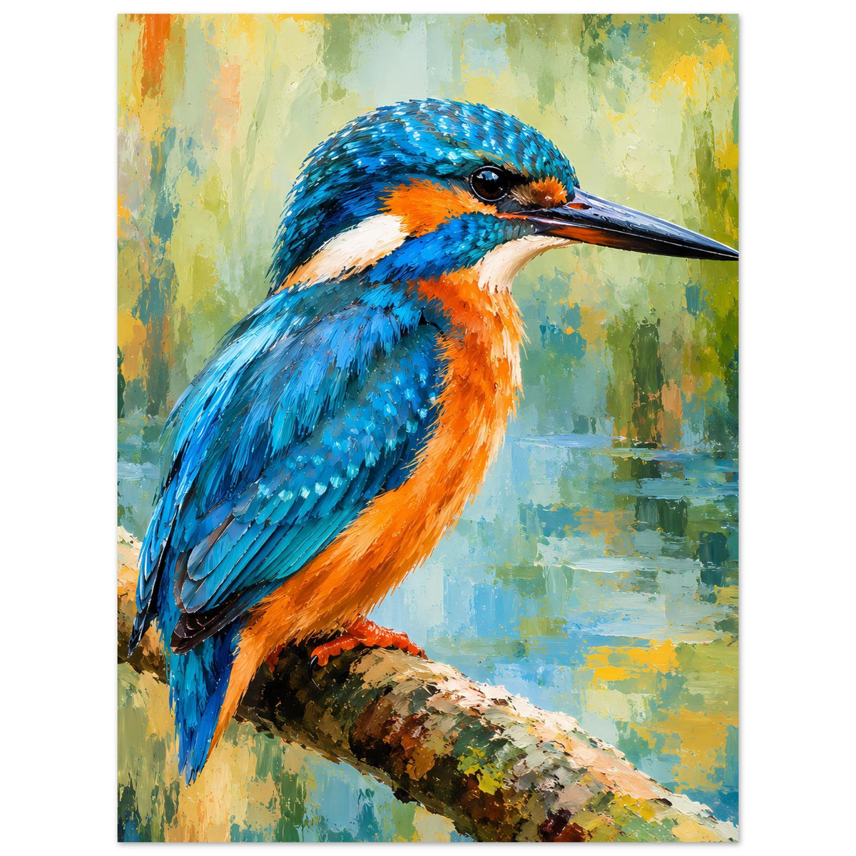 Poster im Quer-/Hochformat: Eisvogel auf Ast, blaues Gefieder, orangefarbene Brust