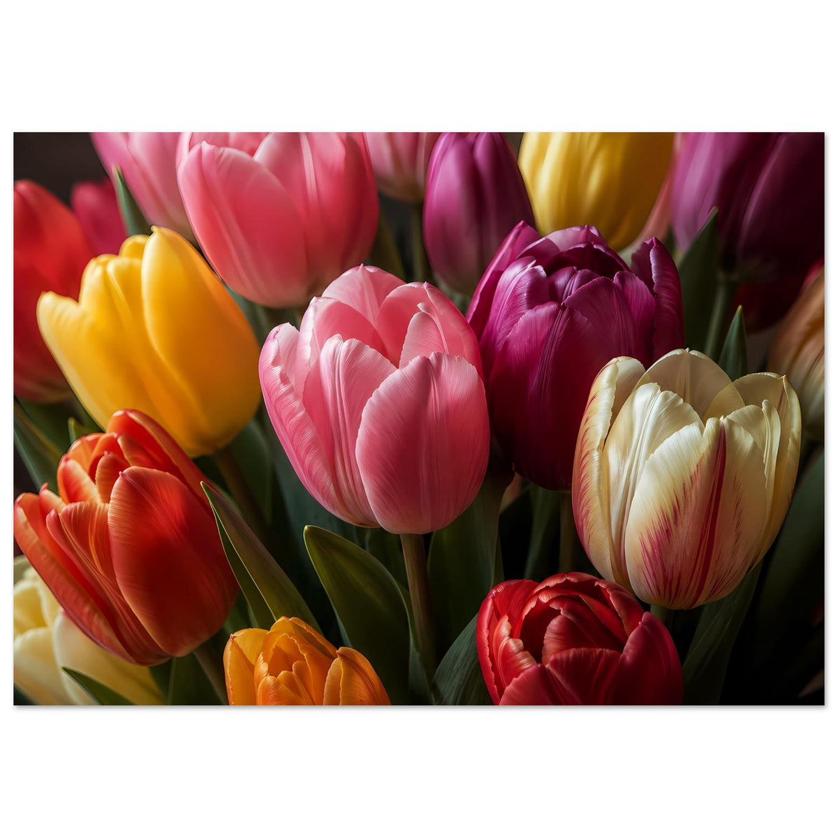 Tulpenposter mit buntem Blumenstrauß aus pinken, gelben, roten und weißen Tulpen