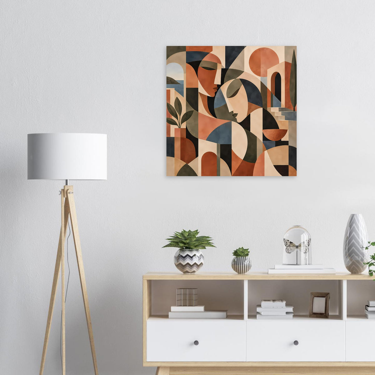 Quadratischer Art-Print mit geometrischen Blockformen und Blatt-Elementen in warmen Erdtönen.