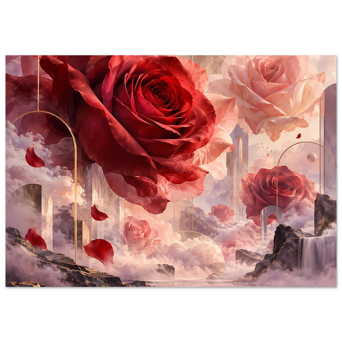 Querformat-Poster mit roten Rosen, rosafarbenen Blüten und goldenen Lichtbögen