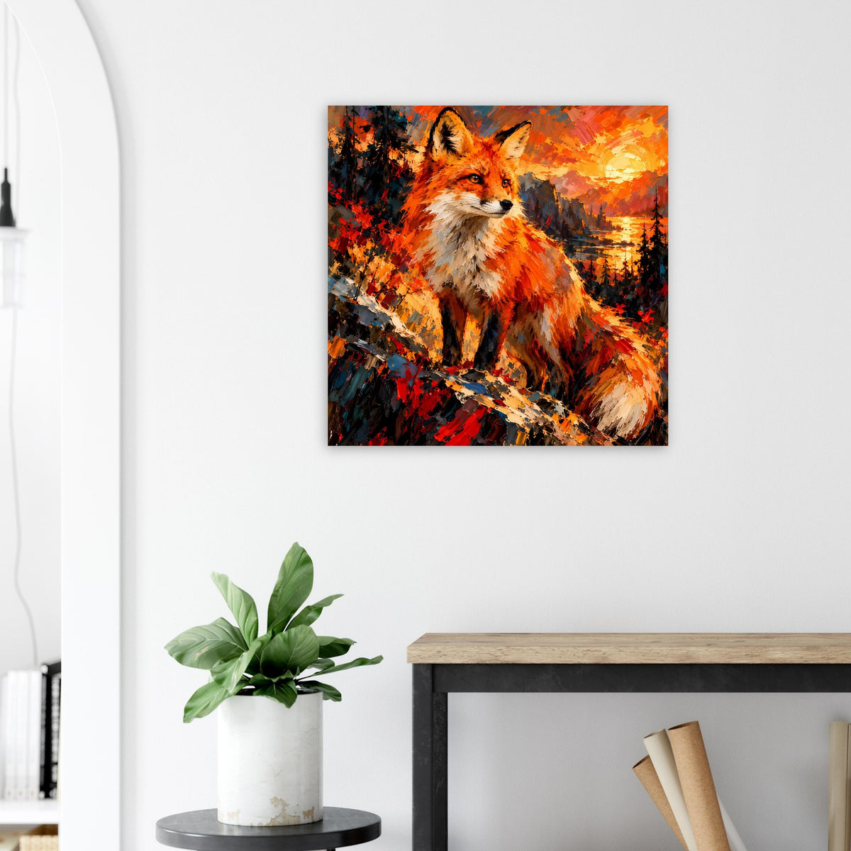 Poster mit Fuchs-Porträt in satten Herbstfarben, leuchtendes Orange und Rot