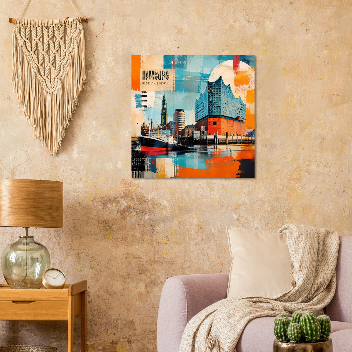 Wandposter mit Hamburger Hafen und Elbphilharmonie, türkis und orange, moderne Grafik