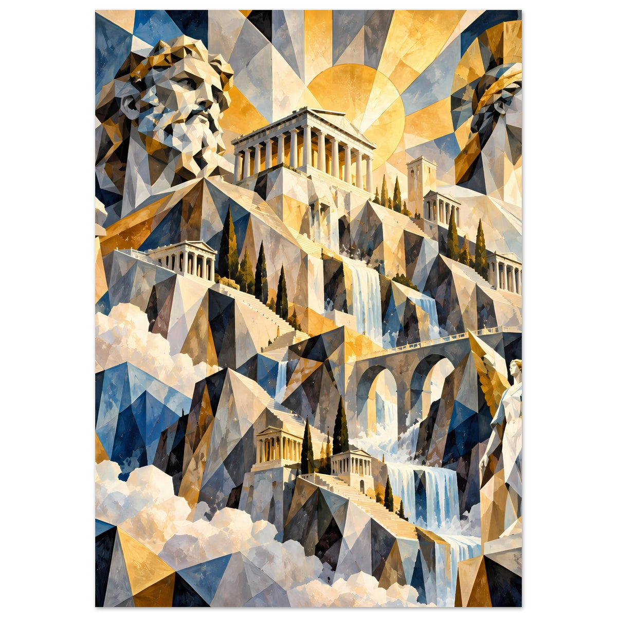 Poster mit geometrischen Antikformen: Tempel, Löwe und Wasserfall; Blau, Gold und Grau