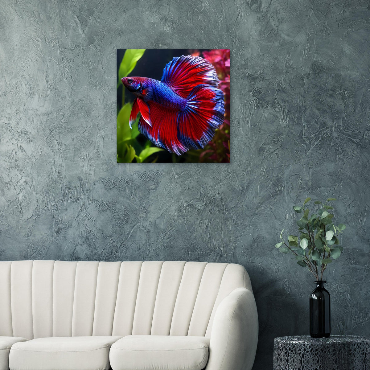 Quadratisches Wandposter mit Betta-Fisch in leuchtendem Blau und Rot