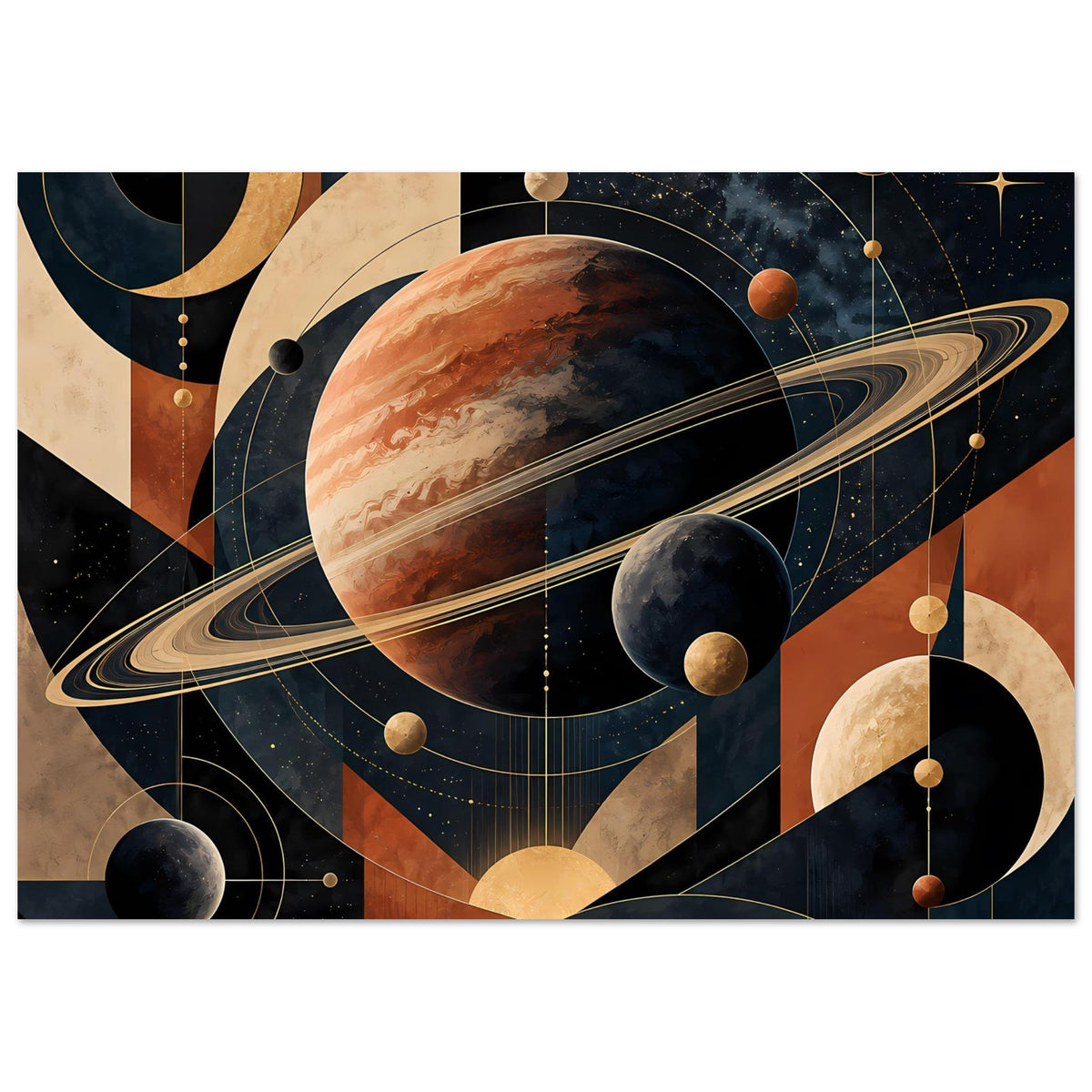 Horizontales Weltraum-Poster mit Planeten, Ringen und geometrischem Kosmos-Muster
