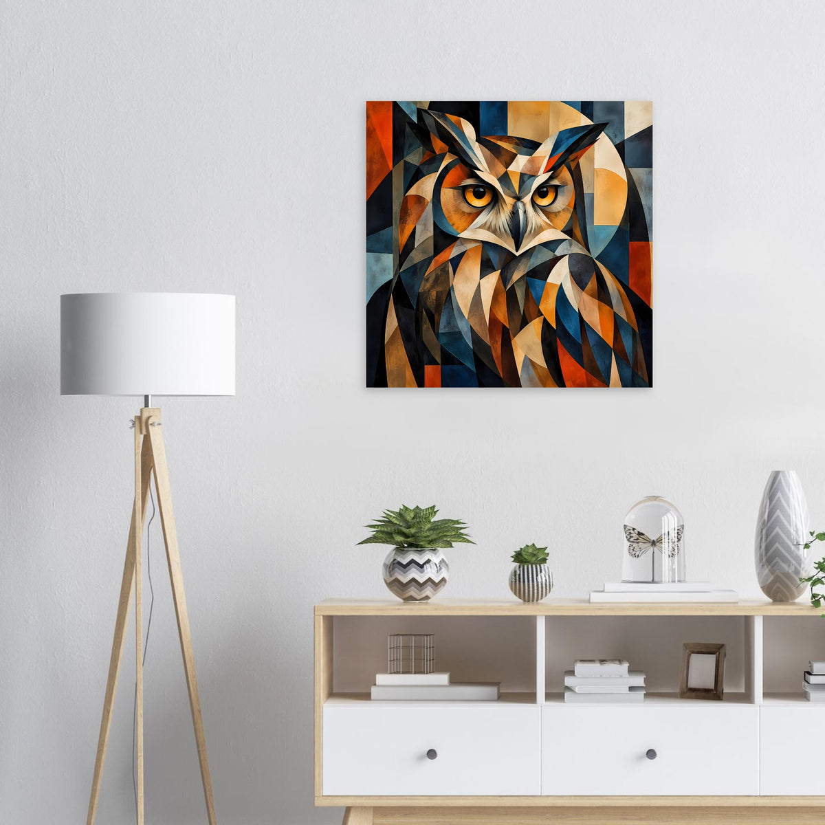 Rechteckiges abstraktes Eulen-Tierposter mit geometrischem Muster in Blau, Orange und Schwarz