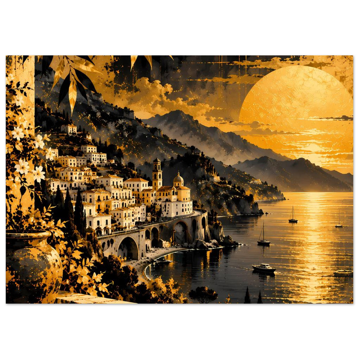 Horizontales Poster: Küstendorf am Meer, Wasserreflexe, goldener Sonnenuntergang und große Sonne
