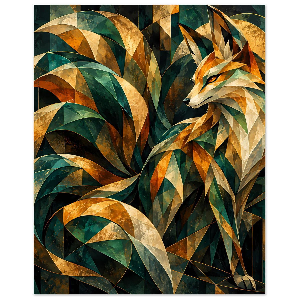 Hochformatiges Kunstposter: Fuchs mit prismatischem Fell in Smaragd, Gold und Orange