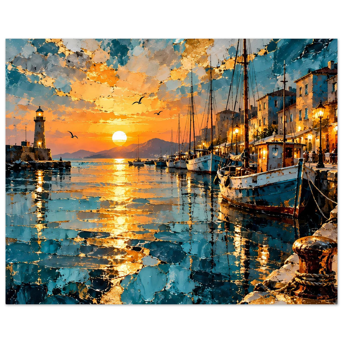 Horizontales Poster: Sonnenuntergang am Hafen mit goldener Wasserfläche, Segelbooten und Leuchtturm.