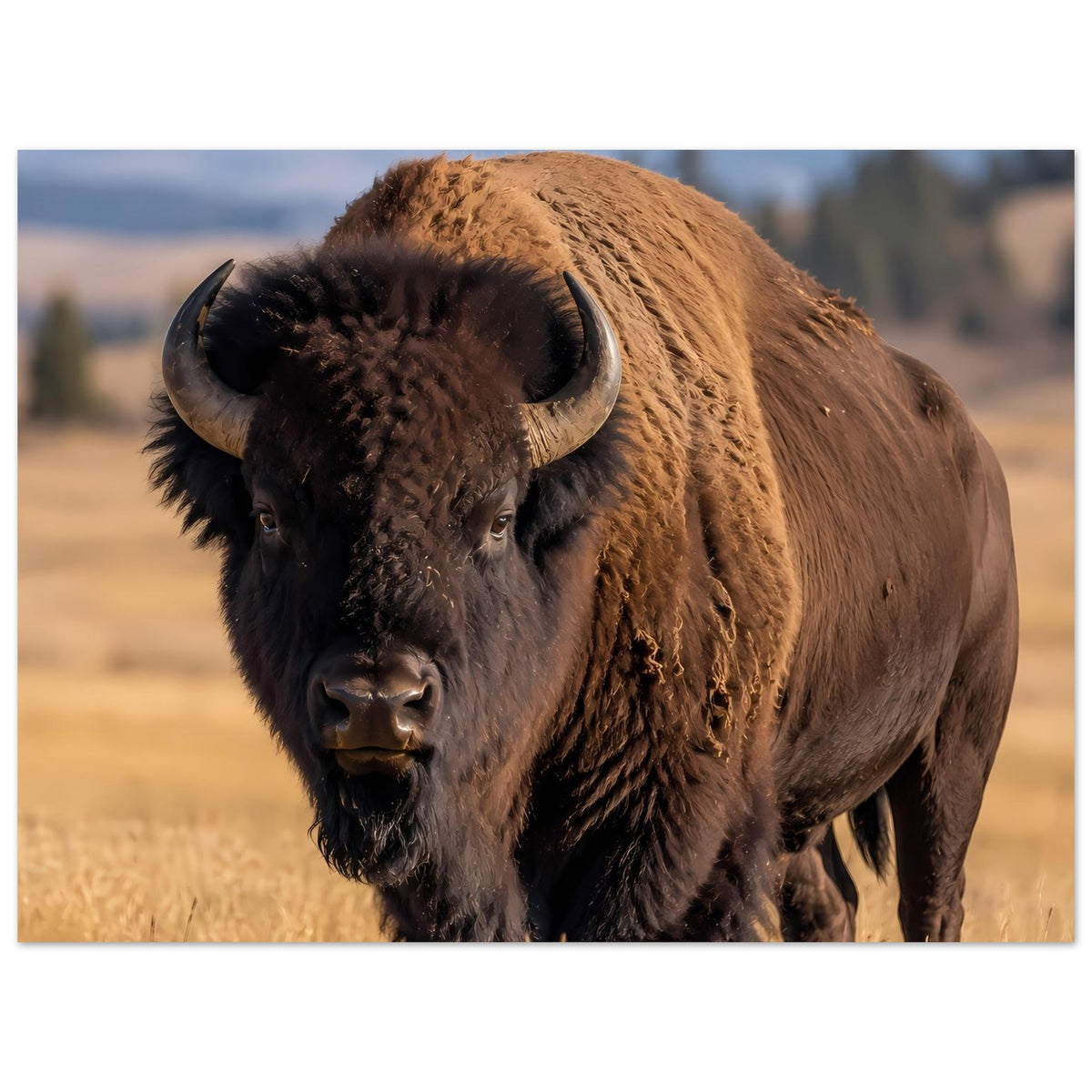 Bison-Wildlife-Poster: Büffelporträt mit braunem Rücken und schwarzem Gesicht, im Gras.