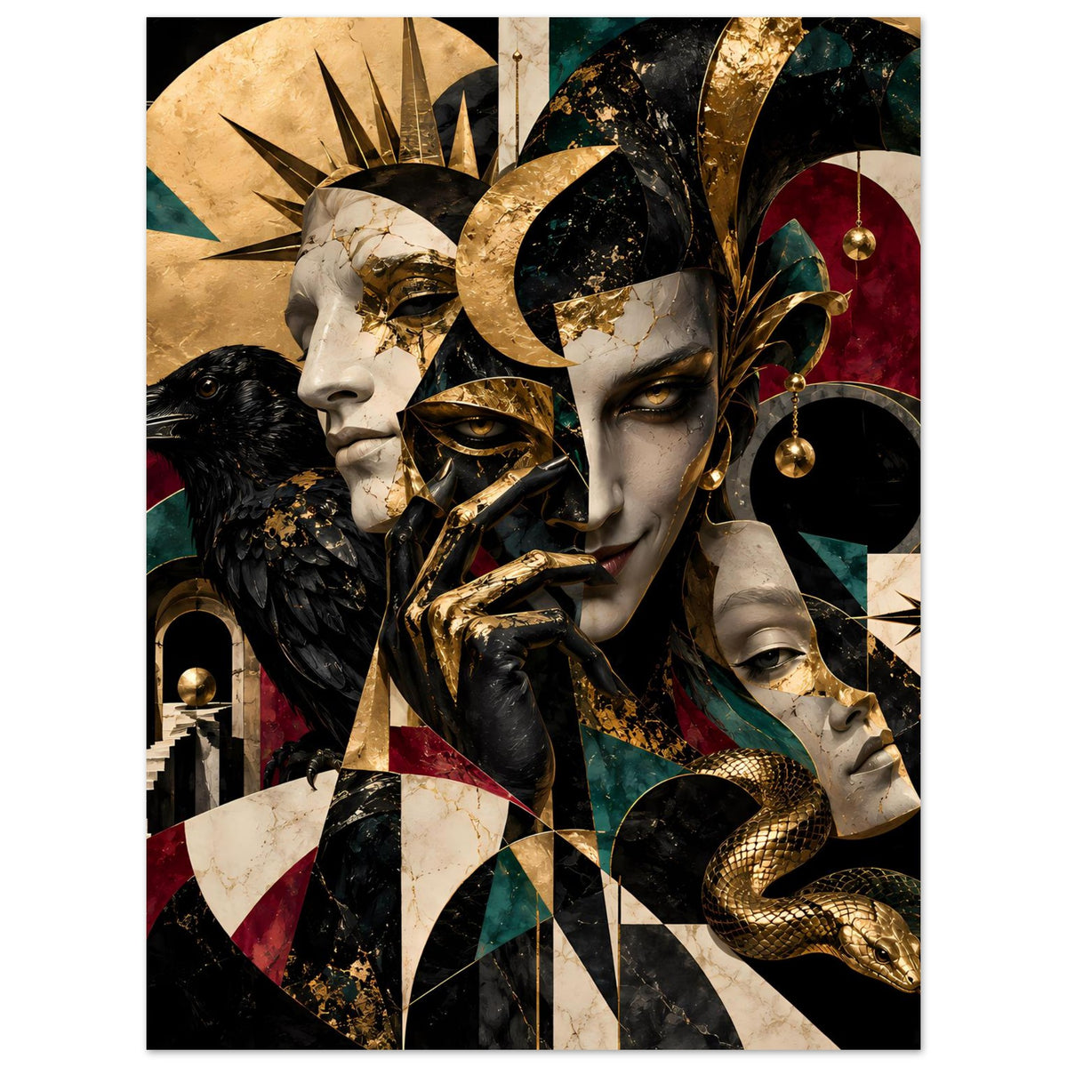 Kunstposter mit Masken, schwarzer Krähe, Schlange und goldfarbenen Details
