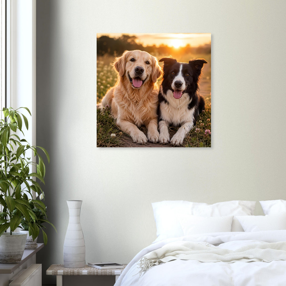 Hunde-Porträtposter mit Golden Retriever und schwarz-weißem Hund im warmen Licht