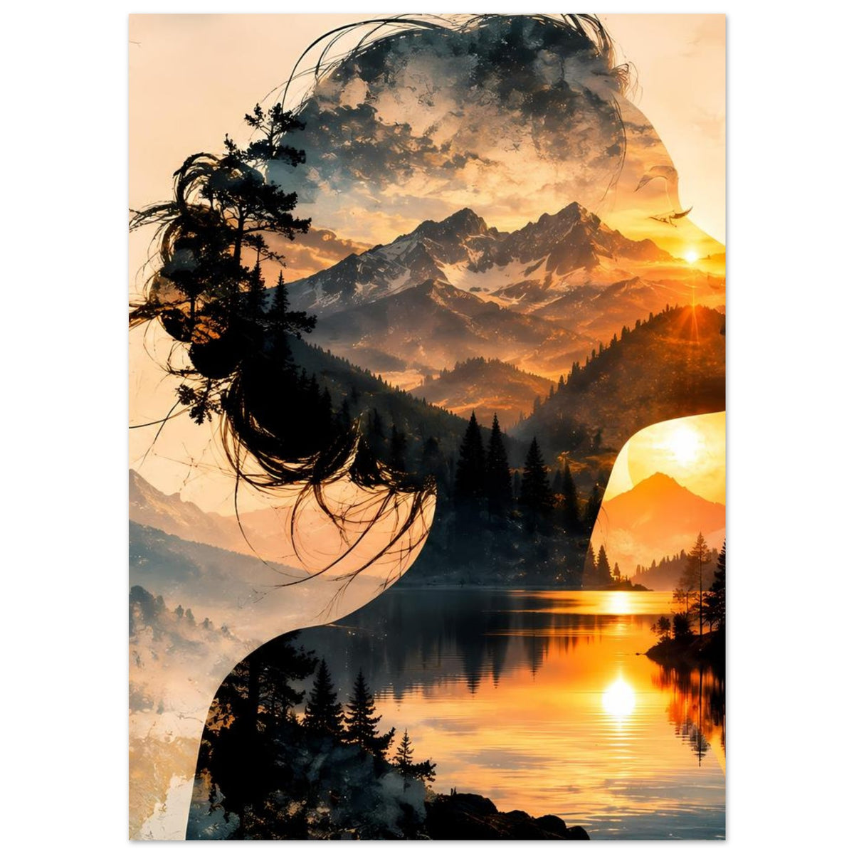 Doppelbelichtungs-Poster mit Frauensilhouette, Berglandschaft, See und tiefem Sonnenuntergang