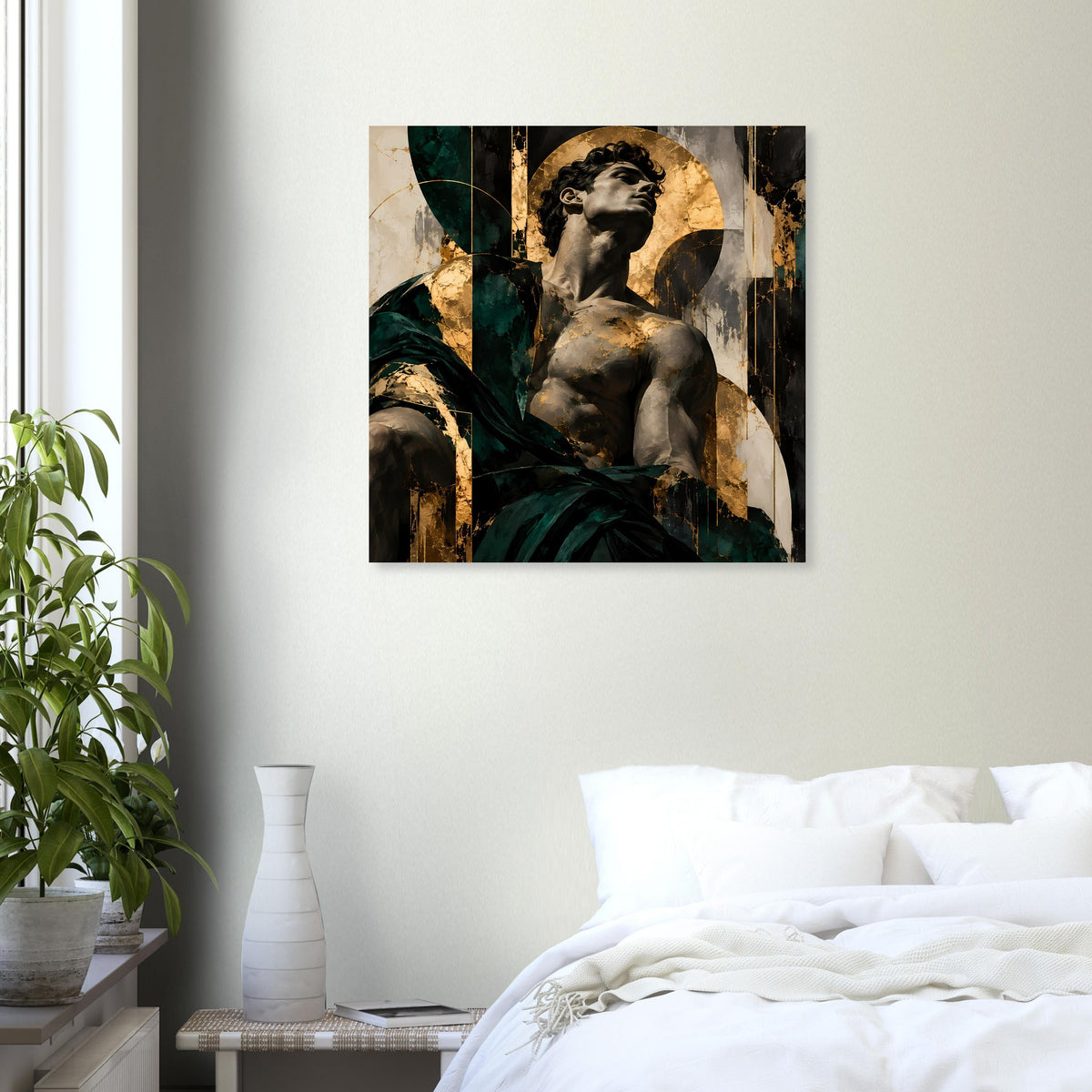 Barockes Kunstposter mit Porträt im Dreiviertelblick, dunkelgrünem Tuch, goldfarbenem Licht