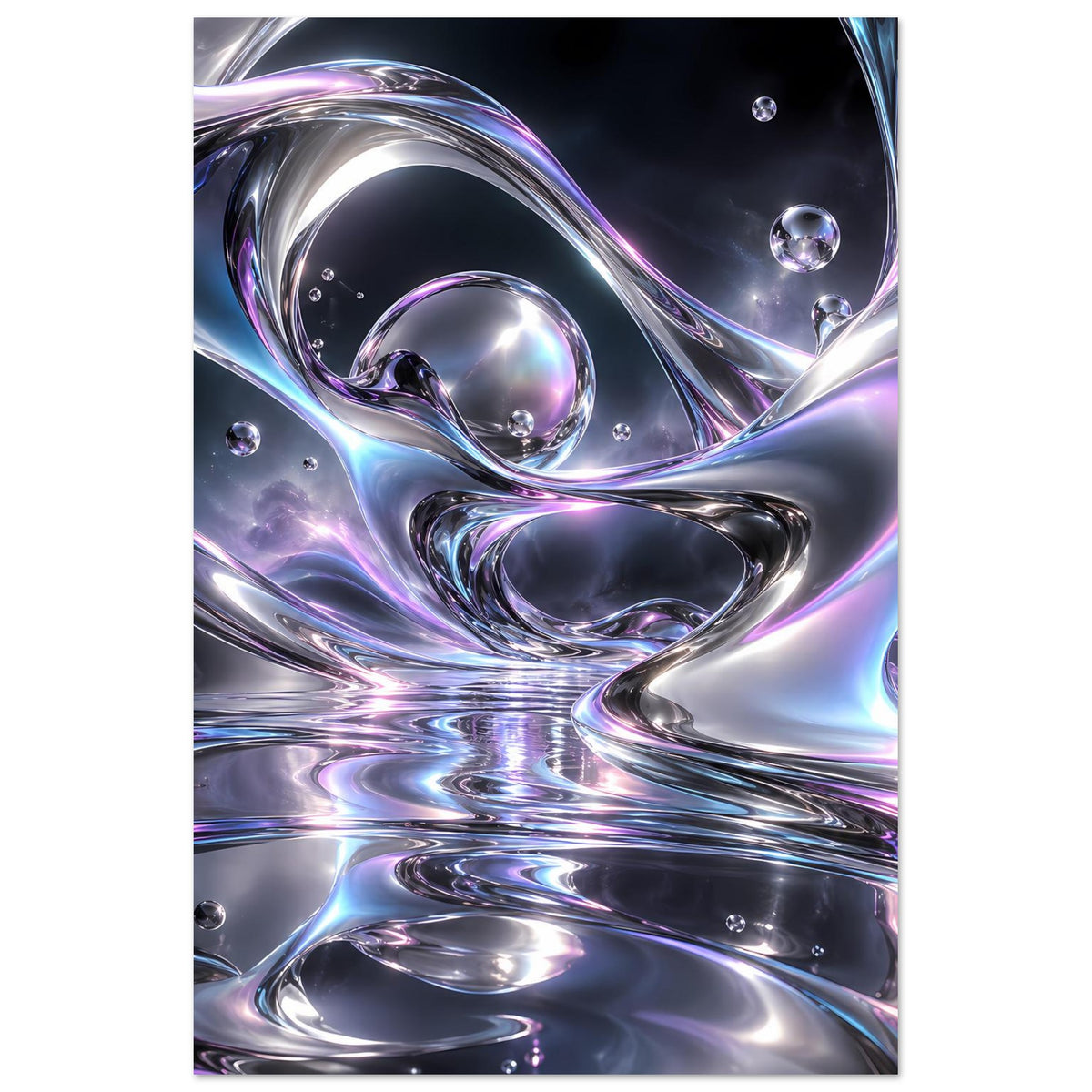 Poster im Hochformat mit flüssigem Chrom-Motiv, Reflexionskugeln und chromen Wellen, Rand