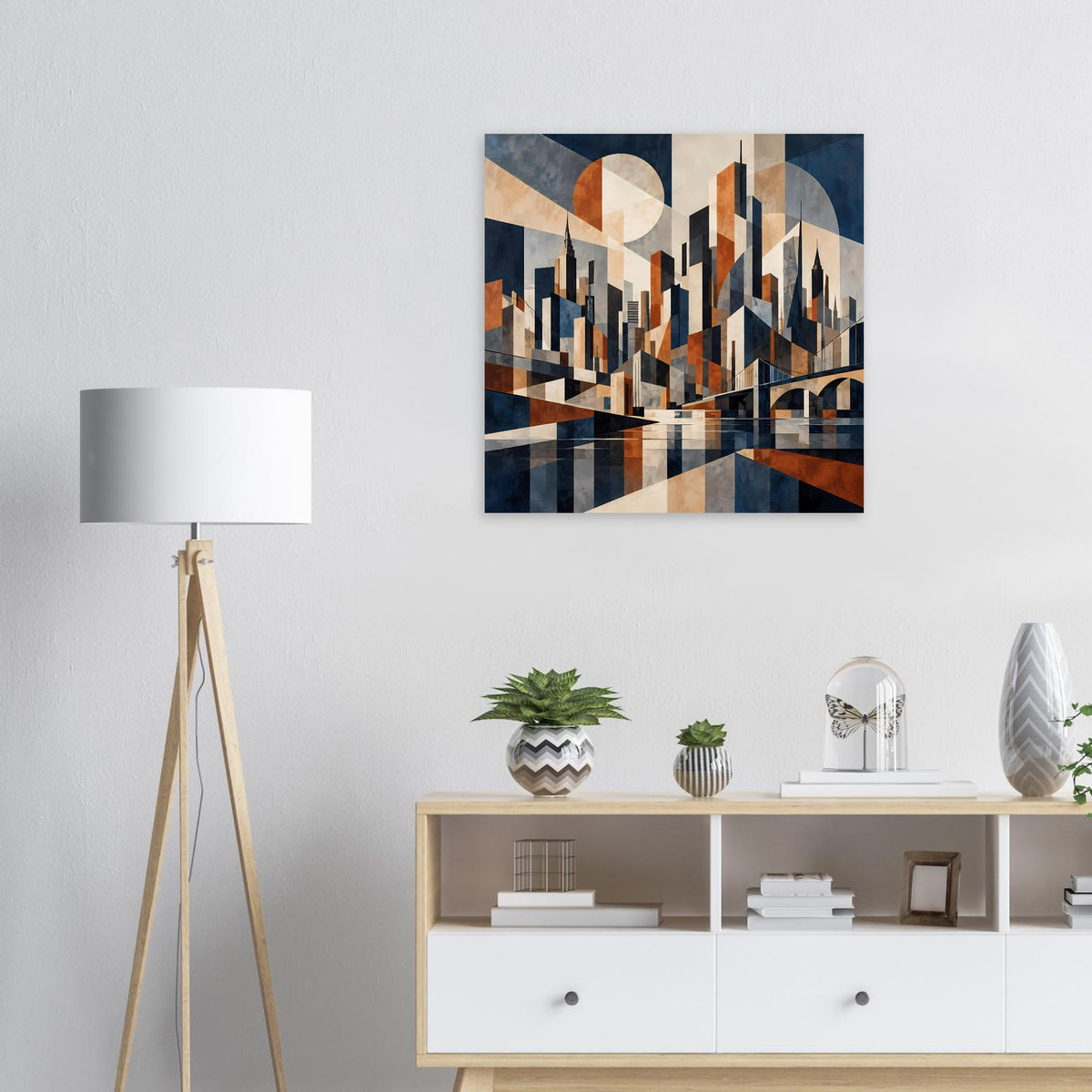 Abstraktes Poster mit geometrischer Stadtsilhouette in Marineblau und Rostrot, rechteckig