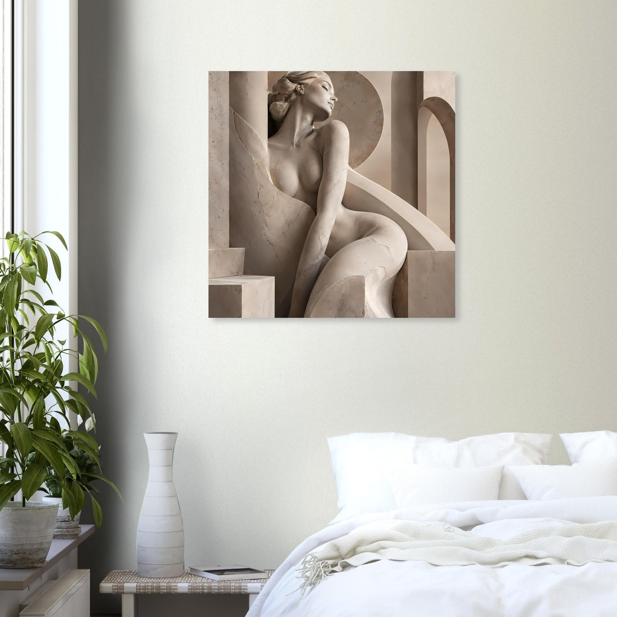 Skulpturen-Porträtposter mit sitzender Aktfigur vor Rundbogen in warmem Sepia