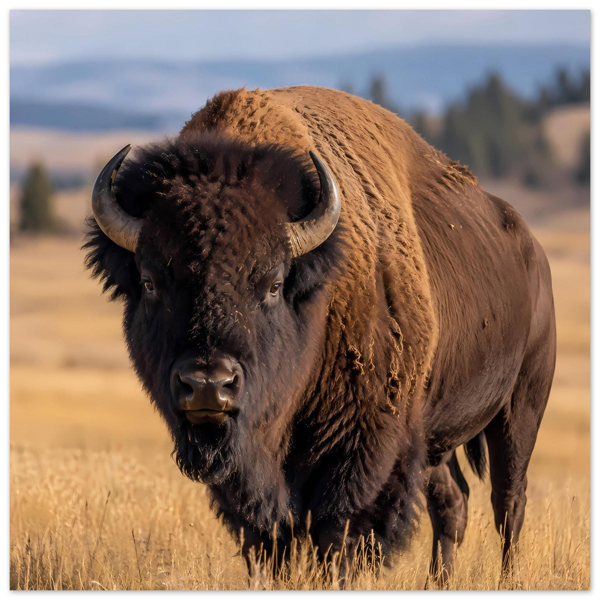 Wildlife-Poster mit Büffel im Querformat, braunes Fell und schwarze Mähne