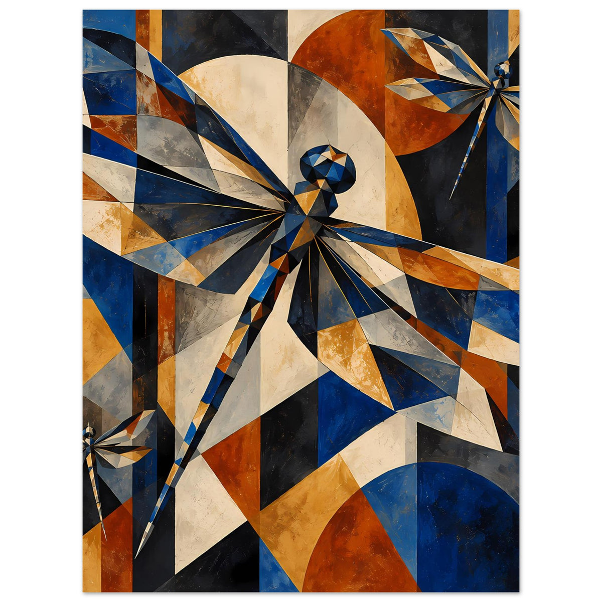 Kunstposter: geometrische Libelle in Blau, Kupfer und Schwarz mit facettierten Flügeln