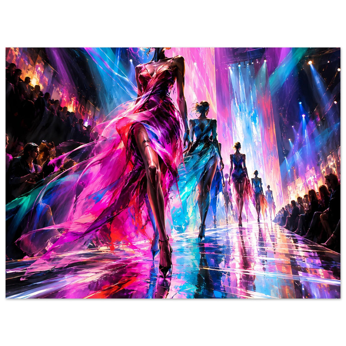 Buntes Runway-Poster: Frau im schwarzen Kleid, Neon-Lichtstrahlen, Silhouetten im Saal