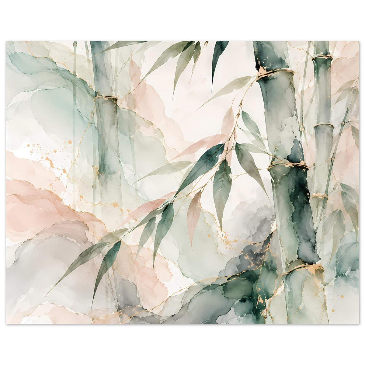 Naturposter im Querformat: Aquarell-Bambusstämme mit grünen Blättern, sanftes Creme- und Rosamuster