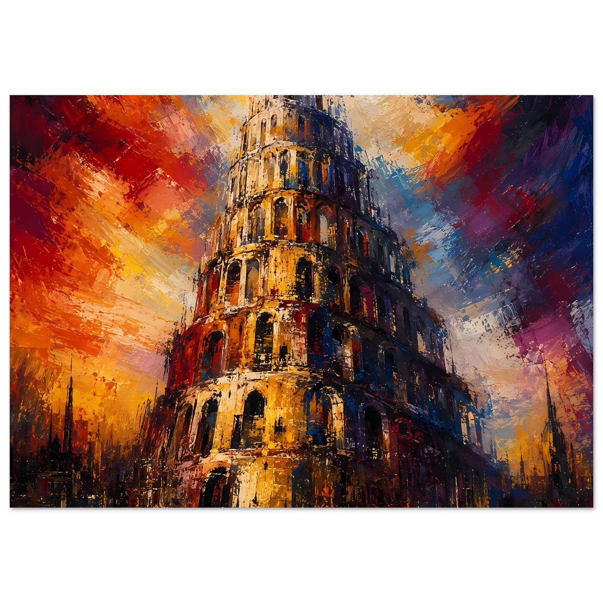 Poster: Turm von Babel prominent mittig, abstrakte Farben, horizontales Layout