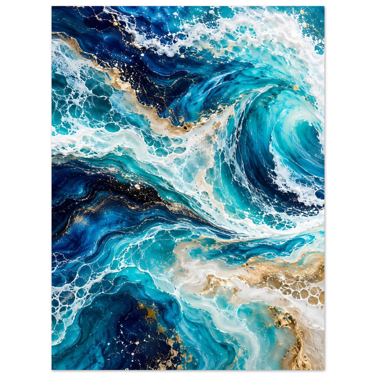 Vertikales Wellenkunst-Poster mit türkisblauem Wasser, weißem Schaum und goldenen Strähnen