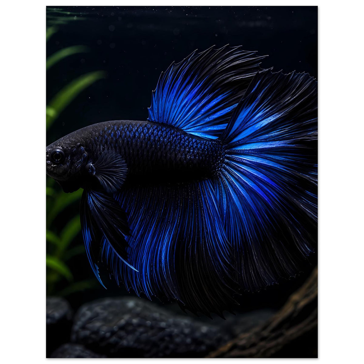 Poster mit blauem Betta-Fisch, Kopf und lange Flossen im Vordergrund