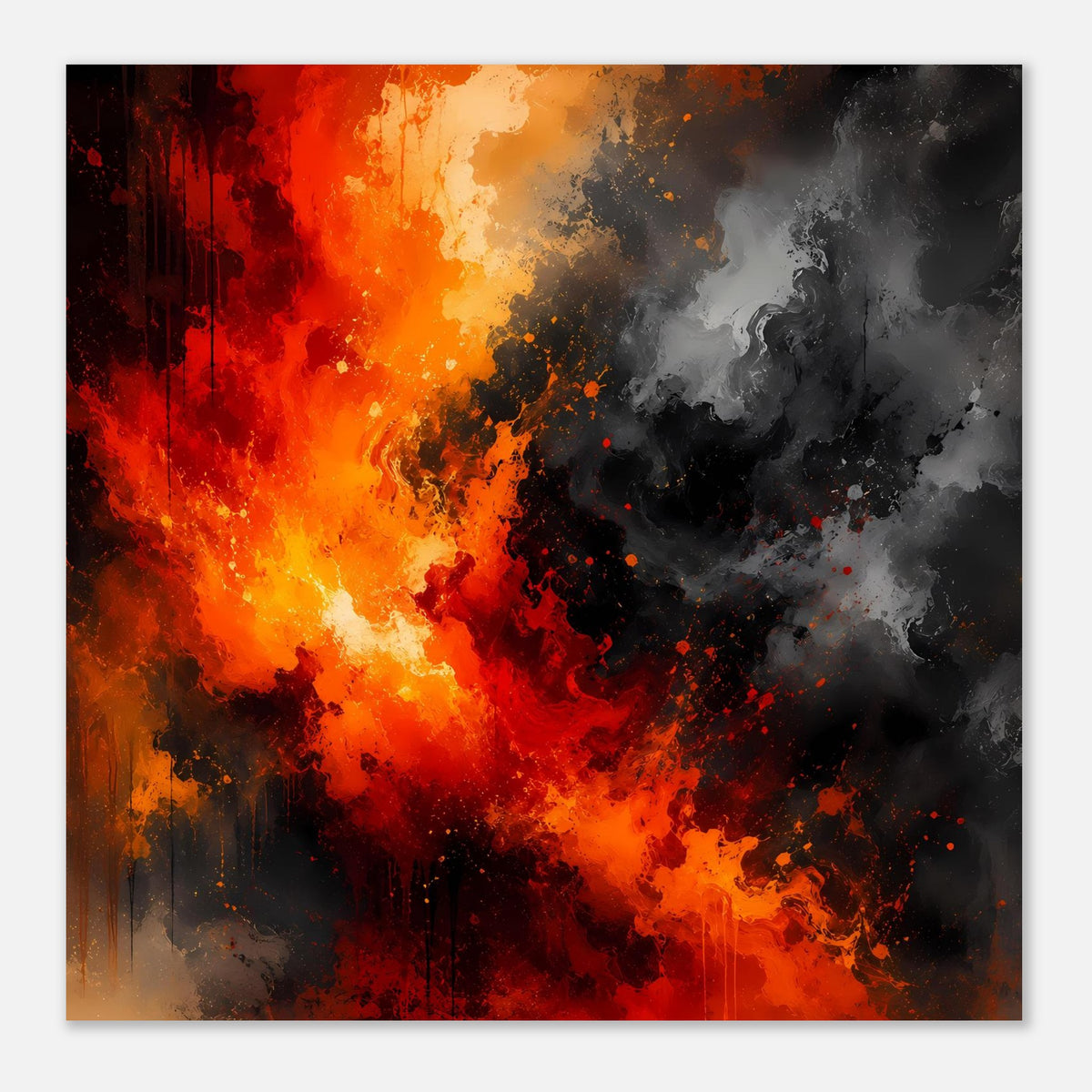 Abstraktes Poster im Feuer-Rauch-Stil mit Rot-Orange-Glut und grauschwarzen Rauchzonen