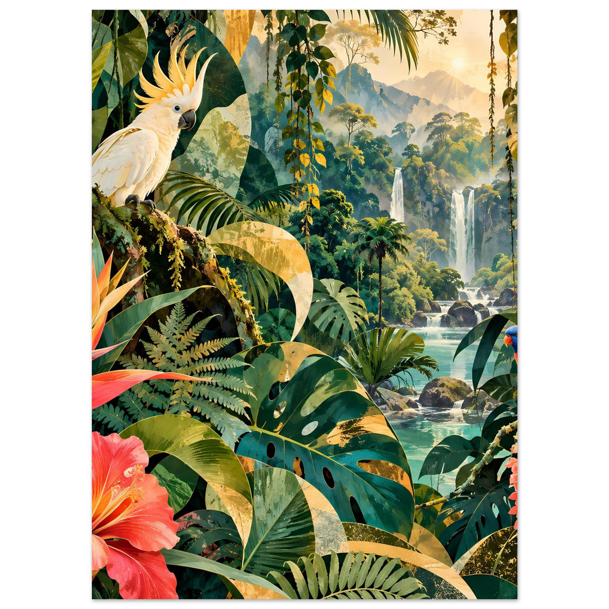Dschungel-Poster mit Kakadu, Papagei und gold-grünen Monstera-Blättern