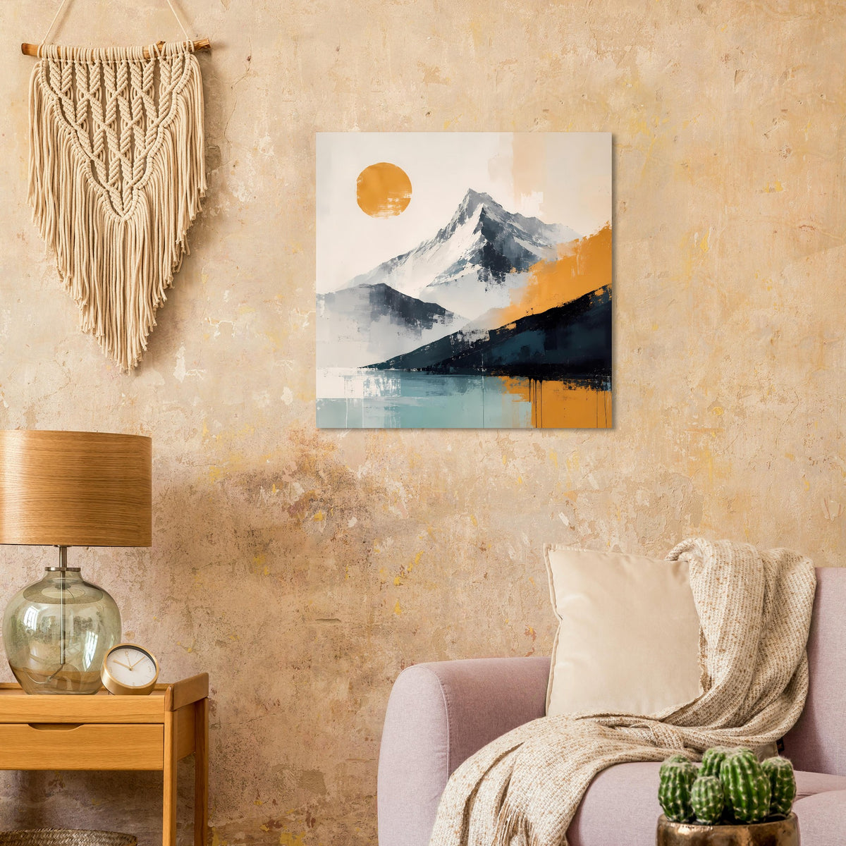 Abstraktes Berglandschafts-Poster mit Gebirge in Blau und Orange, quadratisch