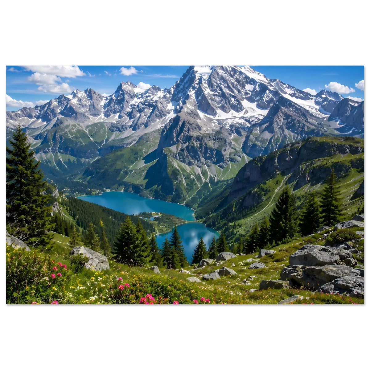Alpenlandschaft Poster: schneebedeckte Bergkette, grünes Tal mit See, Fichtenwald und Steinen.