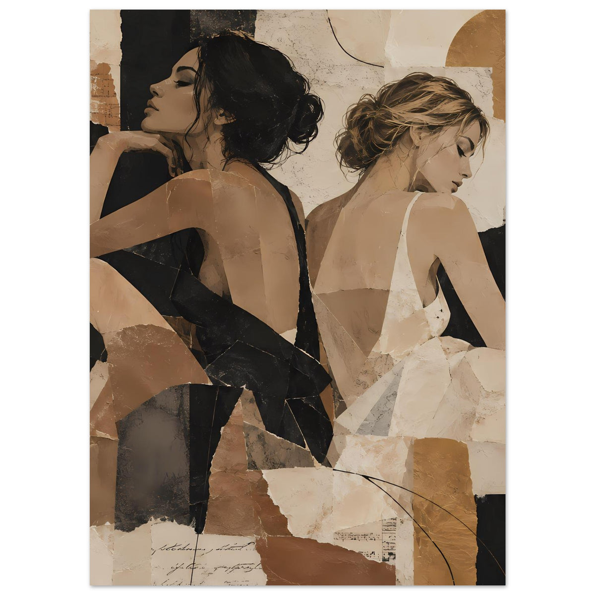 Collage-Poster mit zwei Frauen, dunkle Haare und helle Haare, in warmen Erdtönen